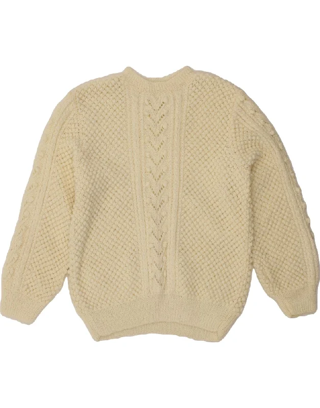 VINTAGE Womens Crew Neck Jumper Sweater UK 12 Medium Off White Mesh Blend Leather Blend Suede Blend