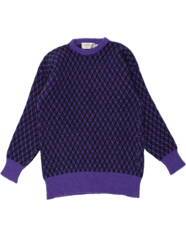 VINTAGE Womens Crew Neck Jumper Sweater UK 14 Medium Purple Check New Wool Spandex Rayon Corduroy