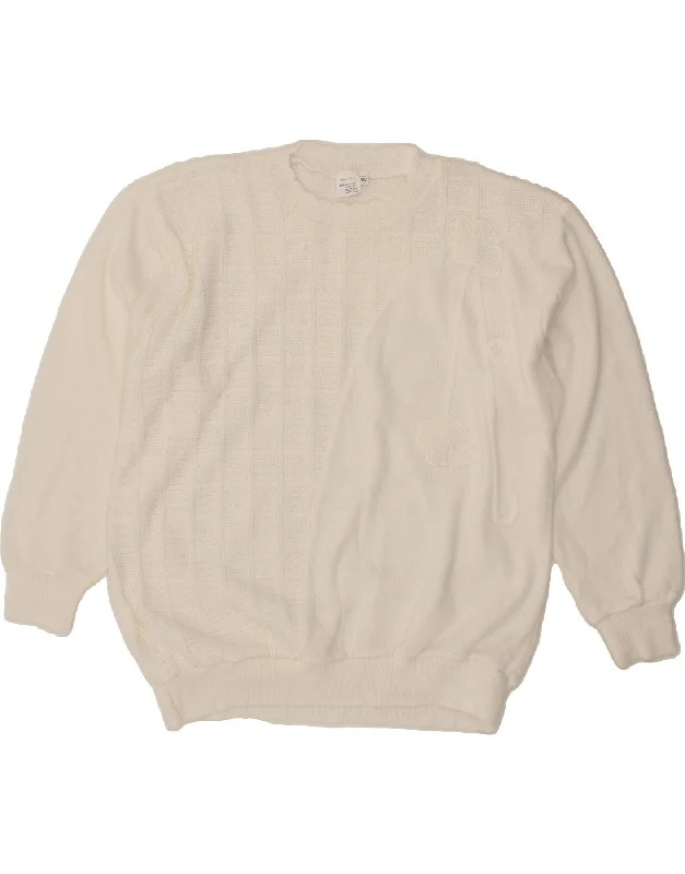 VINTAGE Womens Crew Neck Jumper Sweater UK 18 XL White Acrylic Zippered Buttoned Snapped