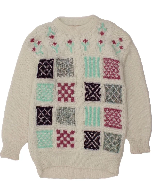 VINTAGE Womens Crew Neck Jumper Sweater UK 20 2XL White Patchwork Boxy Sweater Fitted Sweater A-Line VINTAGE Womens Crew Neck Jumper Sweater UK 20 2XL White Patchwork Boxy Sweater Fitted Sweater A-Line