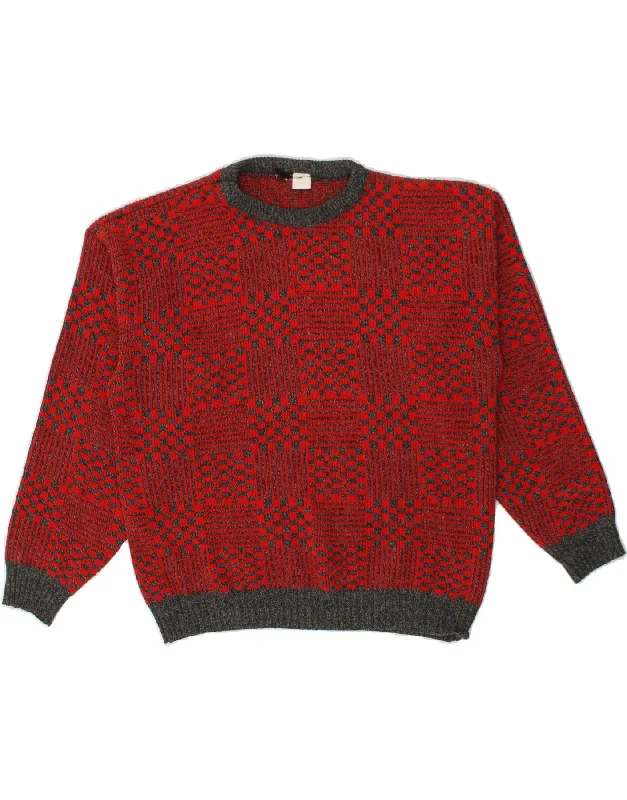 VINTAGE Womens Crew Neck Jumper Sweater UK 22 2XL Red Check Acrylic Collared Crew Neck Turtle Neck