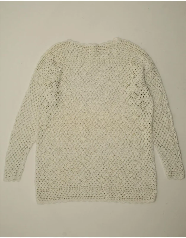 VINTAGE Womens Crochet Boat Neck Jumper Sweater UK 16 Large White Fitted Slim Tailored VINTAGE Womens Crochet Boat Neck Jumper Sweater UK 16 Large White Fitted Slim Tailored