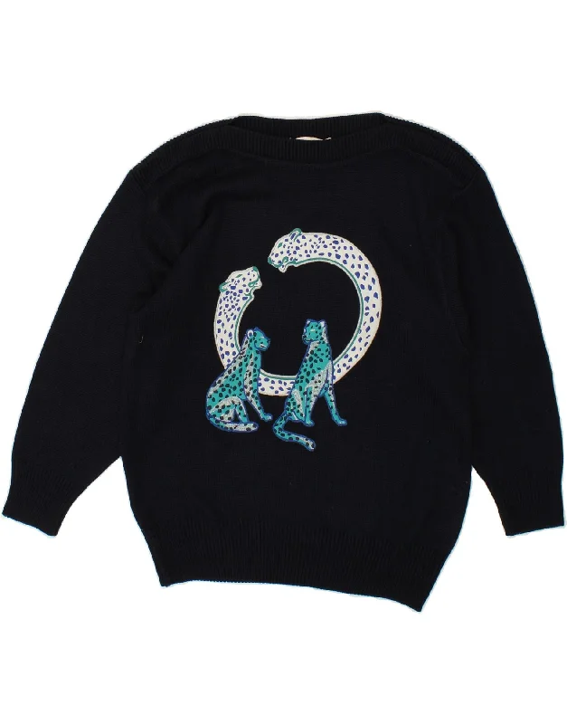 VINTAGE Womens Graphic Boat Neck Jumper Sweater EU 38 Medium Navy Blue Soft Cozy Warm