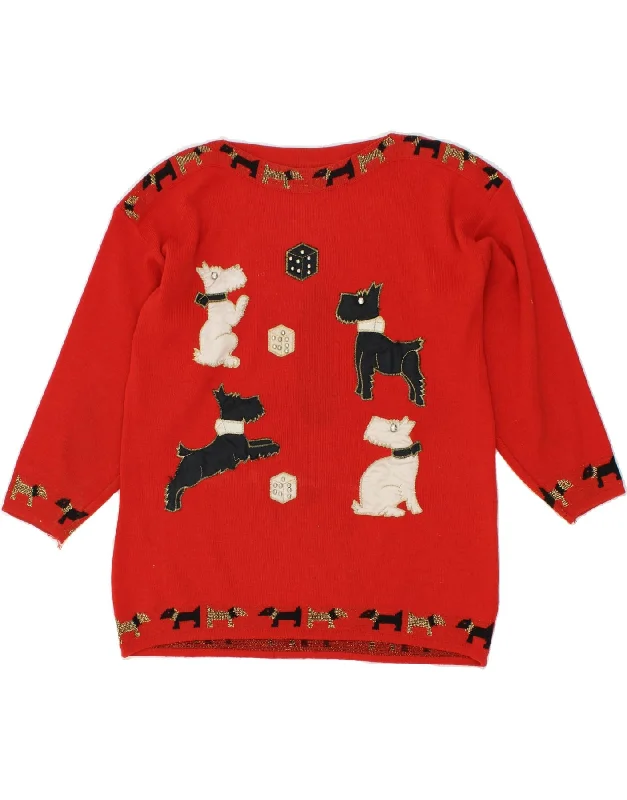VINTAGE Womens Graphic Boat Neck Jumper Sweater UK 14 Large Red Embroidered Appliqued Beaded VINTAGE Womens Graphic Boat Neck Jumper Sweater UK 14 Large Red Embroidered Appliqued Beaded