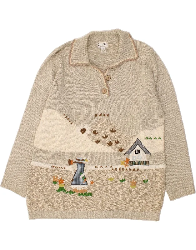 VINTAGE Womens Graphic Polo Neck Jumper Sweater UK 14/16 Large Beige Wool Fleece Fabric Down Fabric Feather Fabric VINTAGE Womens Graphic Polo Neck Jumper Sweater UK 14/16 Large Beige Wool Fleece Fabric Down Fabric Feather Fabric