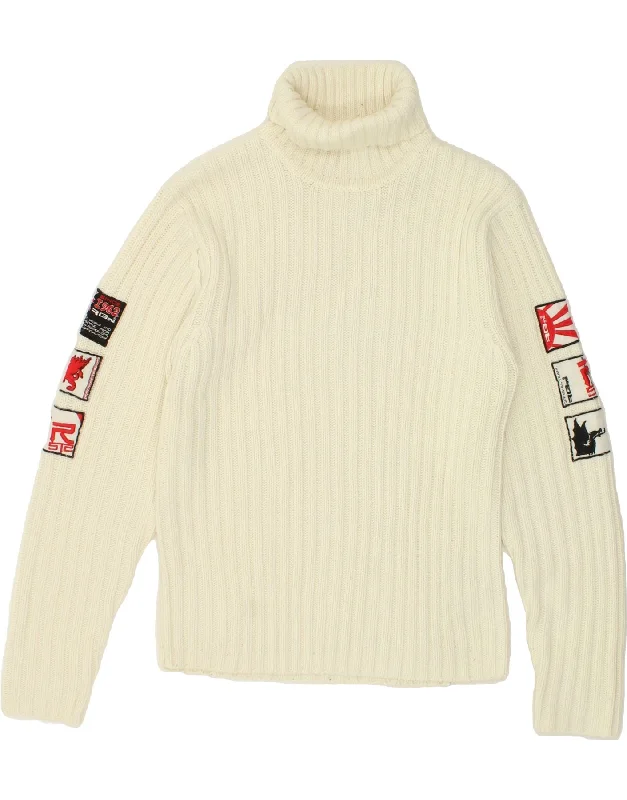 VINTAGE Womens Graphic Roll Neck Jumper Sweater UK 18 XL White Acrylic Knit Fabric Woven Fabric Fleece Fabric