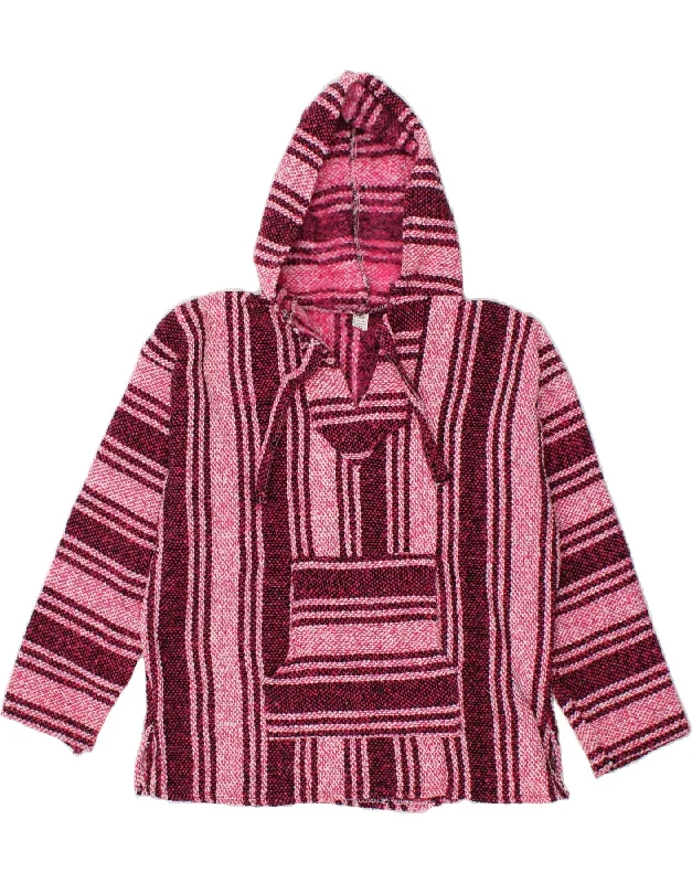 VINTAGE Womens Hooded V-Neck Jumper Sweater UK 14 Medium Pink Striped Mesh Blend Leather Blend Suede Blend
