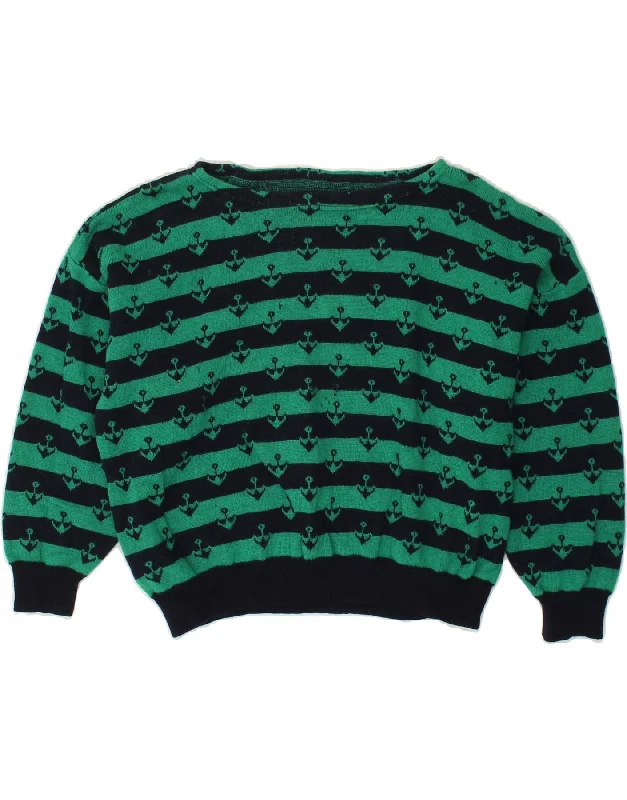 VINTAGE Womens Oversized Crop Boat Neck Jumper Sweater UK 14 Large Green Nylon Fabric Polyester Fabric Spandex Fabric