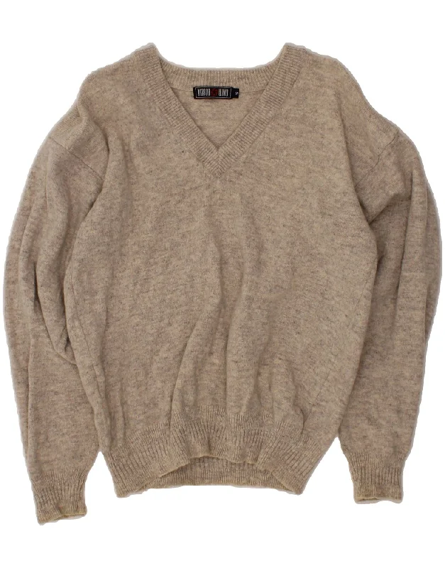 VINTAGE Womens Oversized V-Neck Jumper Sweater UK 10 Small Beige Solid Color Striped Floral Print VINTAGE Womens Oversized V-Neck Jumper Sweater UK 10 Small Beige Solid Color Striped Floral Print