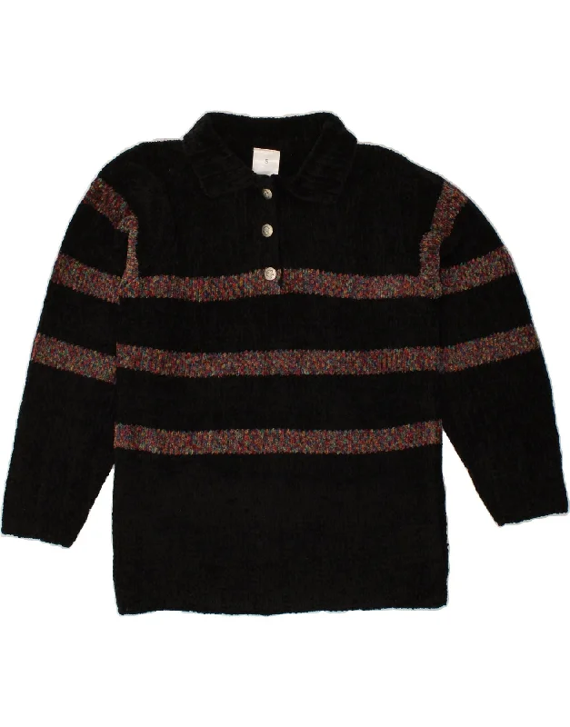 VINTAGE Womens Polo Neck Jumper Sweater UK 10 Small Black Striped Acrylic Solid Color Striped Floral Print
