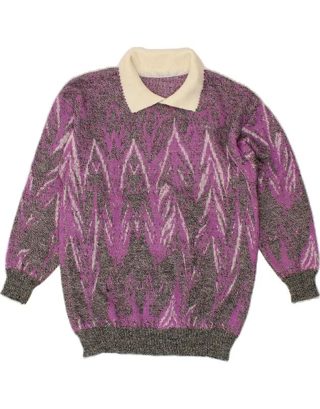 VINTAGE Womens Polo Neck Jumper Sweater UK 12 Medium Grey Geometric Houndstooth Herringbone Solid