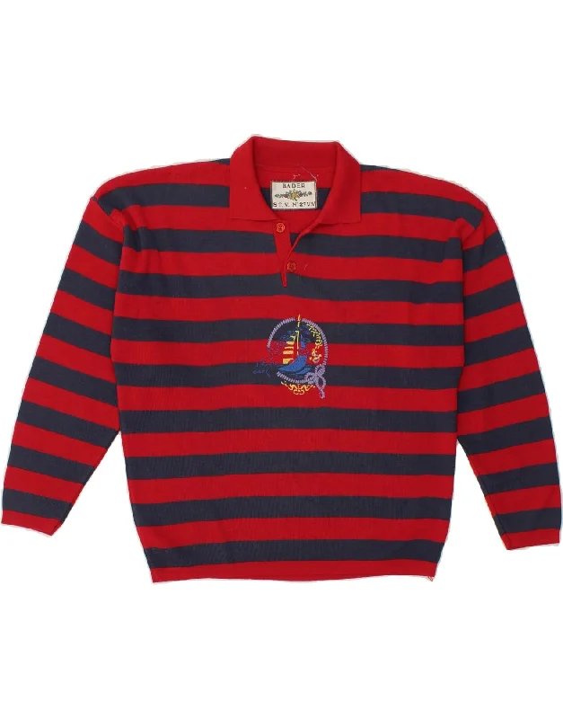 VINTAGE Womens Polo Neck Jumper Sweater UK 12 Medium Red Striped Wool Solid Print Embellished
