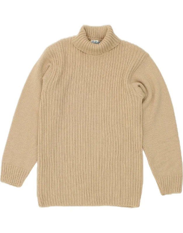 VINTAGE Womens Roll Neck Jumper Sweater UK 10 Small Beige Tailored Straight A-Line