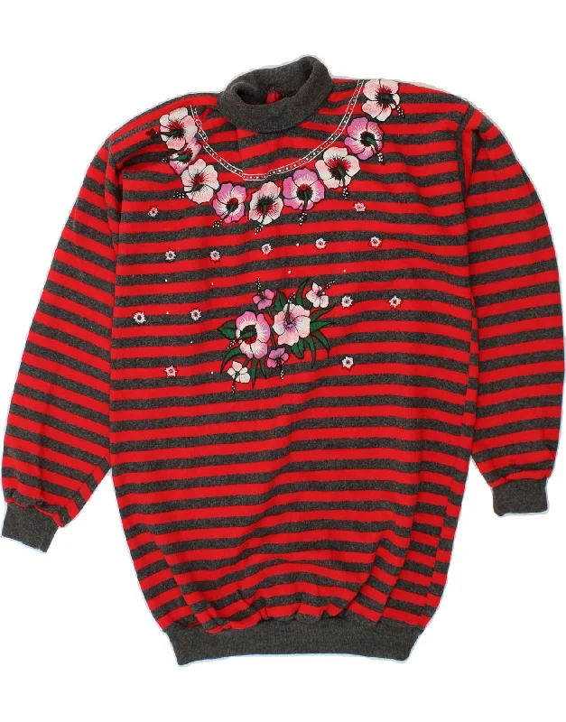 VINTAGE Womens Roll Neck Jumper Sweater UK 14 Large Red Floral Ribbed Striped Patterned