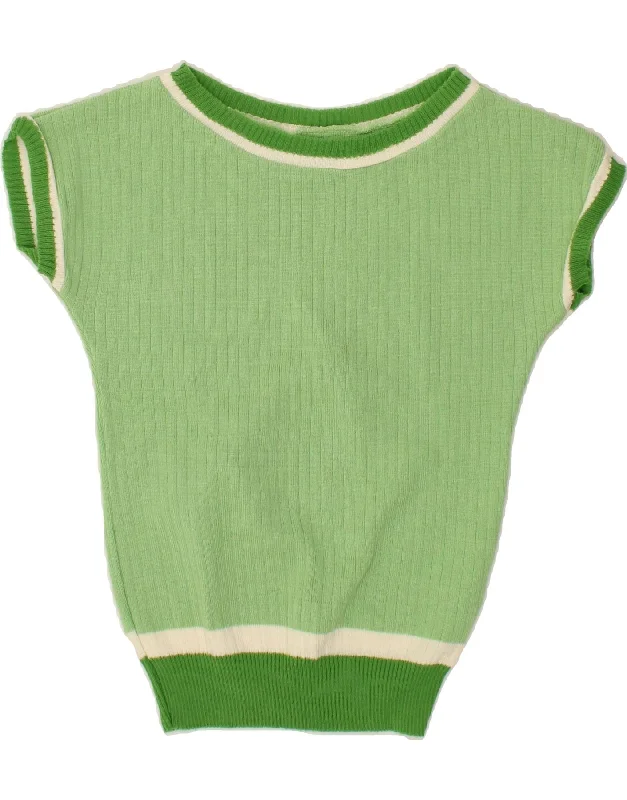 VINTAGE Womens Short Sleeve Boat Neck Jumper Sweater UK 12 Medium Green Cable Knit Ribbed Knit Lace Knit