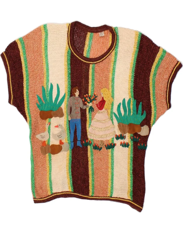 VINTAGE Womens Short Sleeve Crew Neck Jumper Sweater UK 16 Large Brown Sequined Glittery Shiny
