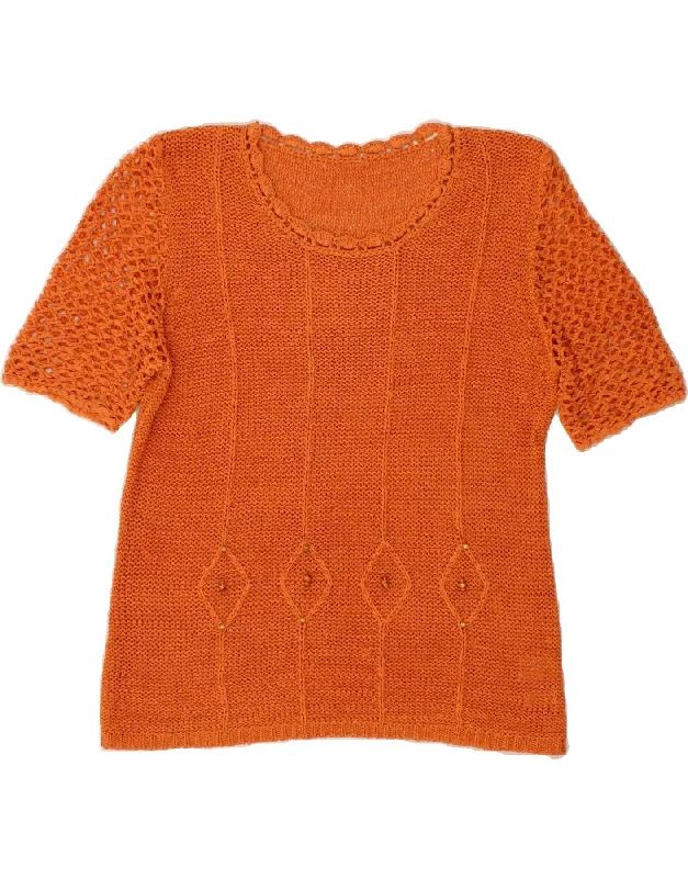 VINTAGE Womens Short Sleeve Crew Neck Jumper Sweater UK 16 Large Orange Striped Floral Plaid