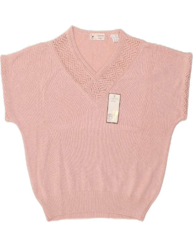 VINTAGE Womens Short Sleeve V-Neck Jumper Sweater IT 50 XL Pink Cotton Fitted Loose Oversized VINTAGE Womens Short Sleeve V-Neck Jumper Sweater IT 50 XL Pink Cotton Fitted Loose Oversized
