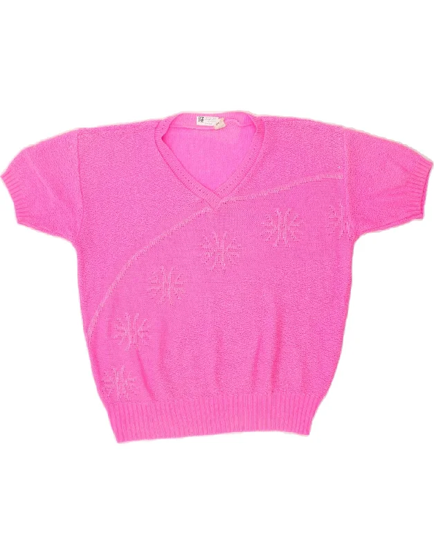 VINTAGE Womens Short Sleeve V-Neck Jumper Sweater UK 14 Large Pink Print Jacquard Patchwork VINTAGE Womens Short Sleeve V-Neck Jumper Sweater UK 14 Large Pink Print Jacquard Patchwork