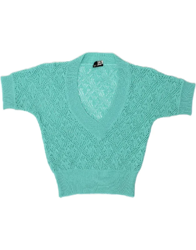 VINTAGE Womens Short Sleeve V-Neck Jumper Sweater UK 14 Large Turquoise Striped Floral Plaid VINTAGE Womens Short Sleeve V-Neck Jumper Sweater UK 14 Large Turquoise Striped Floral Plaid