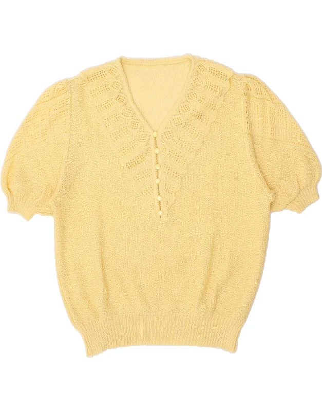 VINTAGE Womens Short Sleeve V-Neck Jumper Sweater UK 14 Medium Yellow Hooded Caped Shawl Collar VINTAGE Womens Short Sleeve V-Neck Jumper Sweater UK 14 Medium Yellow Hooded Caped Shawl Collar