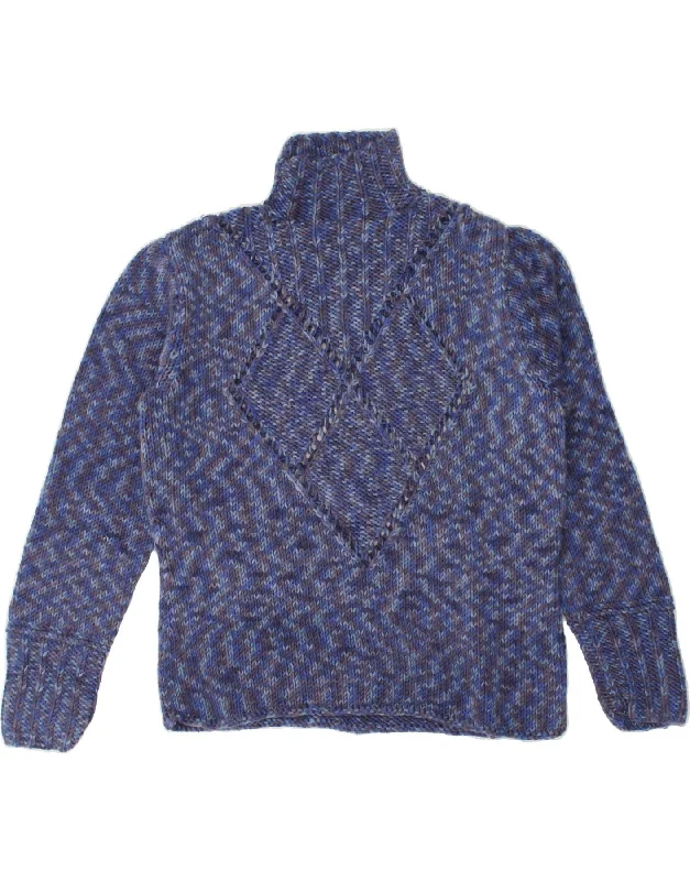 VINTAGE Womens Turtle Neck Jumper Sweater UK 14 Large Blue Front Pockets Side Pockets Patch Pockets
