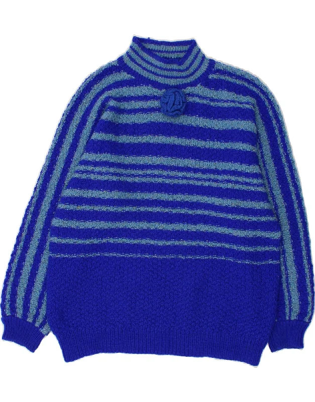 VINTAGE Womens Turtle Neck Jumper Sweater UK 16 Large Blue Striped Boxy Sweater Fitted Sweater A-Line VINTAGE Womens Turtle Neck Jumper Sweater UK 16 Large Blue Striped Boxy Sweater Fitted Sweater A-Line