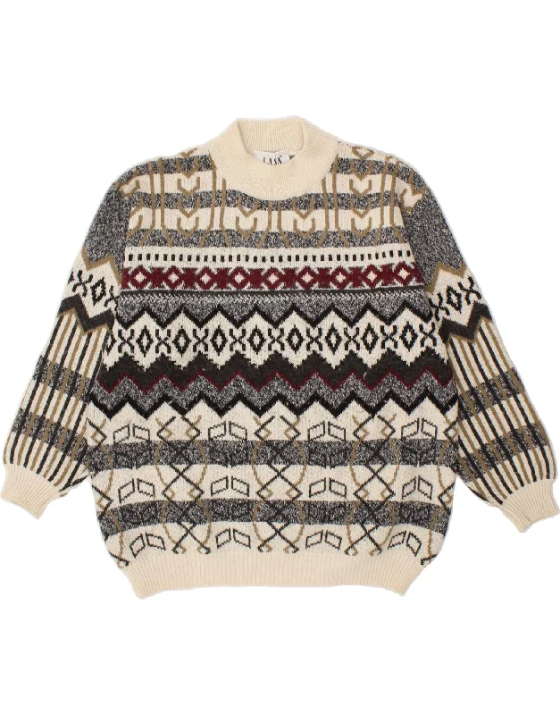 VINTAGE Womens Turtle Neck Jumper Sweater UK 16 Large Grey Fair Isle Wool Satin Fabric Silk Fabric Chiffon Fabric