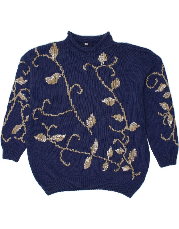 VINTAGE Womens Turtle Neck Jumper Sweater UK 22/24 3XL Navy Blue Floral Terry Terry Cloth Terry Knit VINTAGE Womens Turtle Neck Jumper Sweater UK 22/24 3XL Navy Blue Floral Terry Terry Cloth Terry Knit
