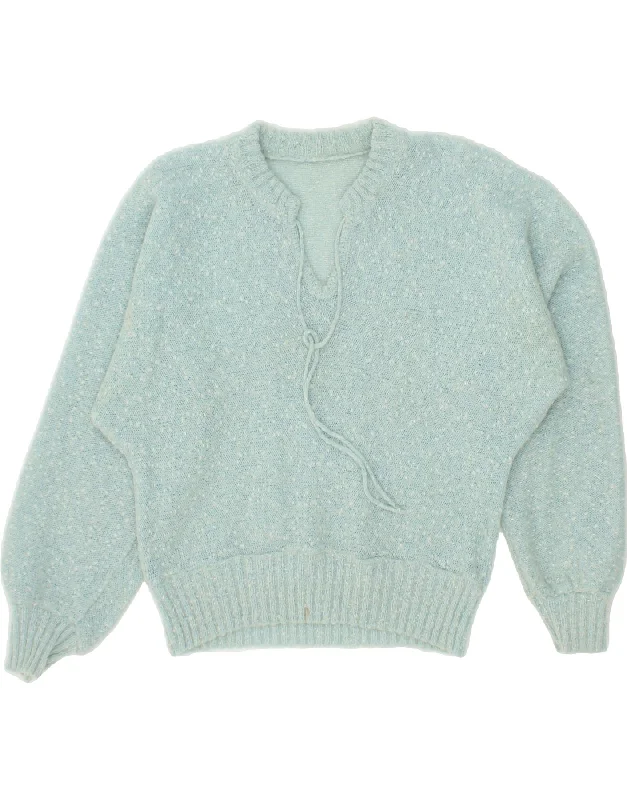 VINTAGE Womens V-Neck Jumper Sweater UK 12 Medium Blue Flecked Chenille Brocade Lace