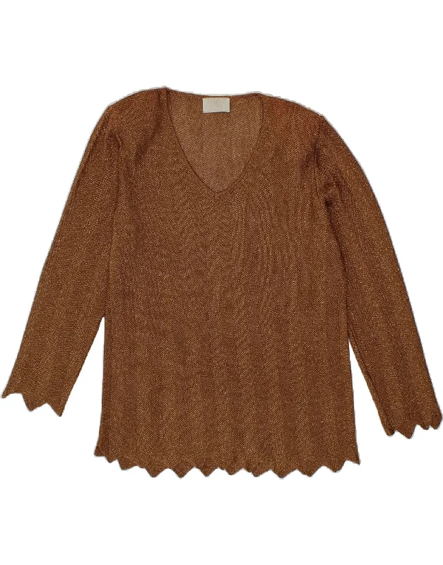 VINTAGE Womens V-Neck Jumper Sweater UK 12 Medium Brown Flecked Acetate Turtle Neck Boat Neck Asymmetrical Neck