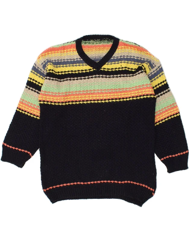VINTAGE Womens V-Neck Jumper Sweater UK 14 Large Black Striped Cotton Denim Fabric Leather Fabric Suede Fabric