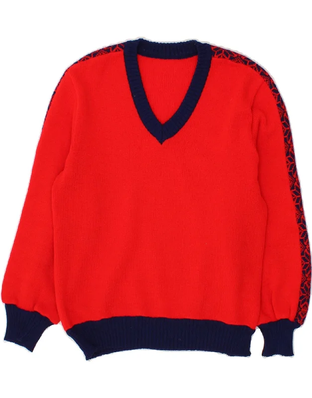 VINTAGE Womens V-Neck Jumper Sweater UK 14 Large Red Fair Isle Knit Fabric Woven Fabric Fleece Fabric VINTAGE Womens V-Neck Jumper Sweater UK 14 Large Red Fair Isle Knit Fabric Woven Fabric Fleece Fabric