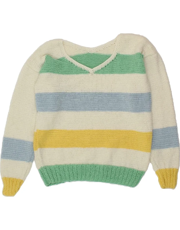 VINTAGE Womens V-Neck Jumper Sweater UK 14 Medium Multicoloured Striped Machine Wash Dry Clean Hand Wash VINTAGE Womens V-Neck Jumper Sweater UK 14 Medium Multicoloured Striped Machine Wash Dry Clean Hand Wash