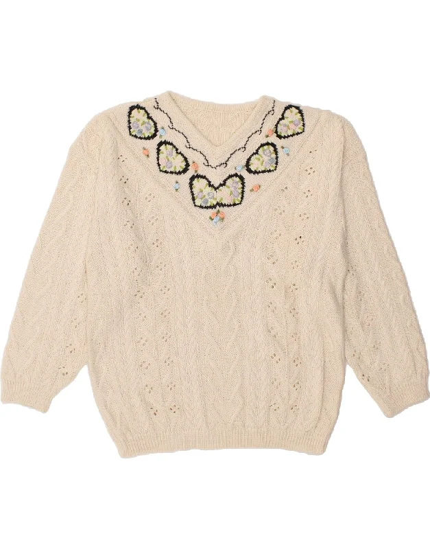 VINTAGE Womens V-Neck Jumper Sweater UK 16 Large White Floral Elasticated Padded Insulated VINTAGE Womens V-Neck Jumper Sweater UK 16 Large White Floral Elasticated Padded Insulated