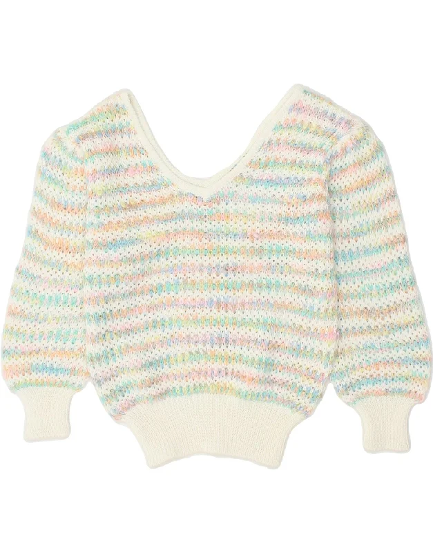 VINTAGE Womens V-Neck Jumper Sweater UK 8 Small Multicoloured Striped Graphic Sweater Embroidered Appliqued VINTAGE Womens V-Neck Jumper Sweater UK 8 Small Multicoloured Striped Graphic Sweater Embroidered Appliqued