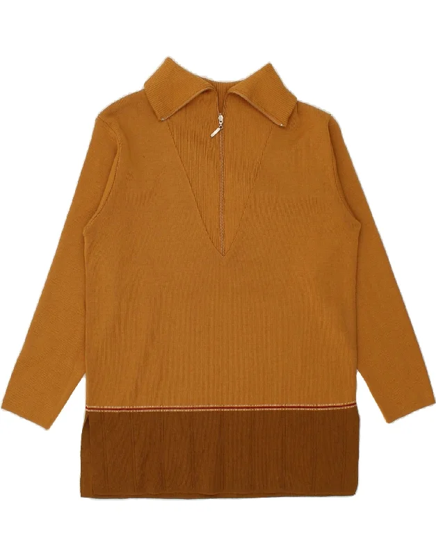VINTAGE Womens Zip Neck Jumper Sweater UK 14 Medium Brown Colourblock Solid Color Striped Floral Print
