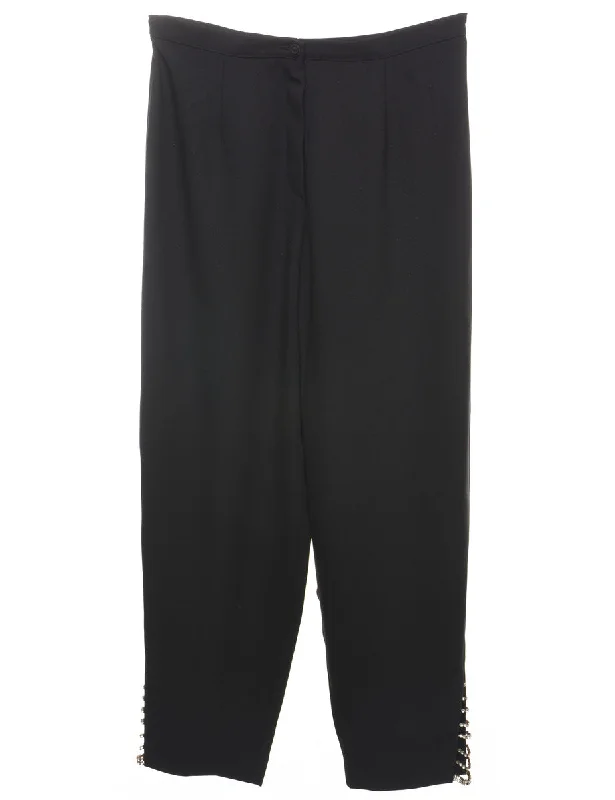 Black Casual Diamonte Detail Trousers - W30 L25 High Waist Slim Fit Ankle Length