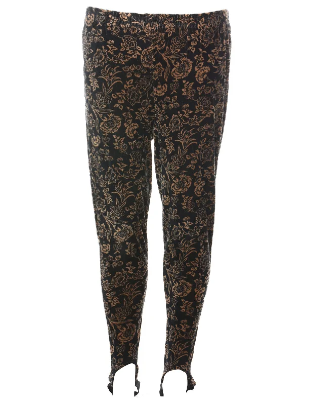 Black & Orange Floral Print Velour Trousers - W28 L28 Trousers Gym Athletic