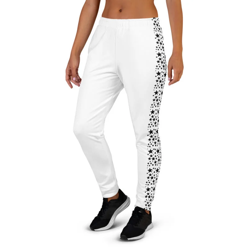 Black Stars Women's Joggers, Black White Ladies Skinny Dressy Sweatpants-Made in EU Trousers Tapered Slim Fit