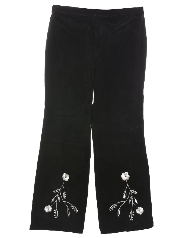 Black & White Suede 1990s Floral Embroidered Trousers - W32 L30 Trousers Exclusive Limited Black & White Suede 1990s Floral Embroidered Trousers - W32 L30 Trousers Exclusive Limited