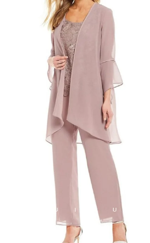 GM072 -  Pantsuit Plus Size Scoop Neck Floor Length Appliques Chiffon Mother of the Bride Dress Trousers Cargo pockets