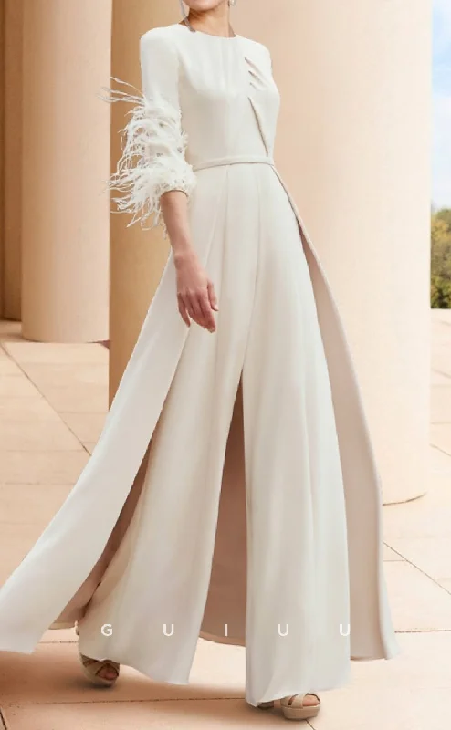 GM089 - Pantsuit Jewel Neck Half Sleeves Ankle Length Mother of the Bride Dress with Feather Trousers Velvet Soft GM089 - Pantsuit Jewel Neck Half Sleeves Ankle Length Mother of the Bride Dress with Feather Trousers Velvet Soft