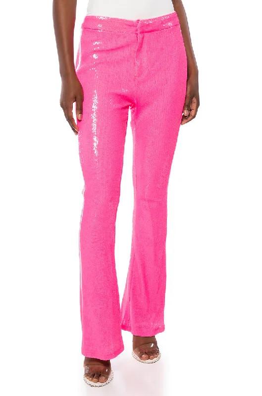 GET DOWN ON IT SEQUIN FLARE TROUSER IN PINK Trousers fashionable chic