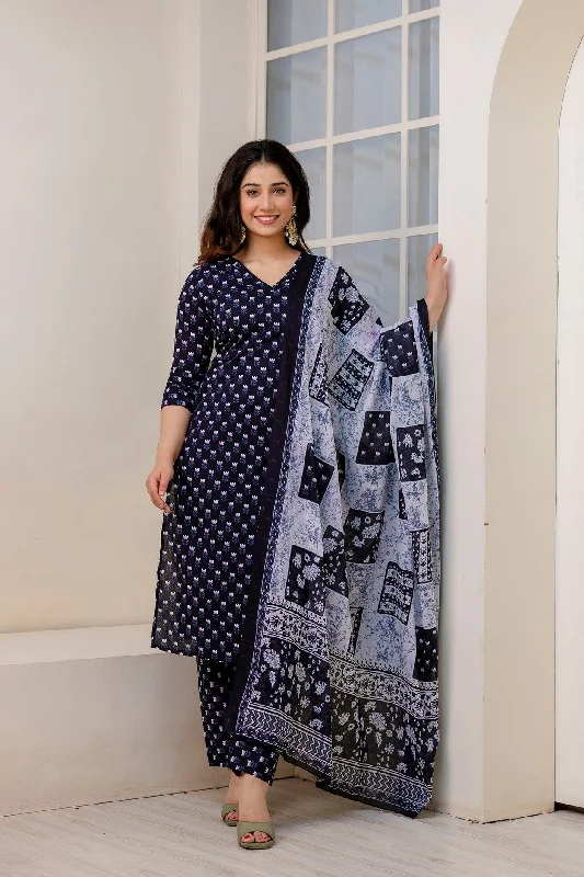Women Black Ethnic Printed Kurta And Trouser With Dupatta Trousers chic fashionable