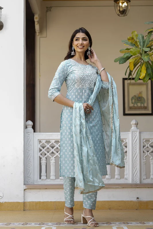 Women Blue Embroidered Straight Kurta With Trouser And Dupatta Trousers Solid Black