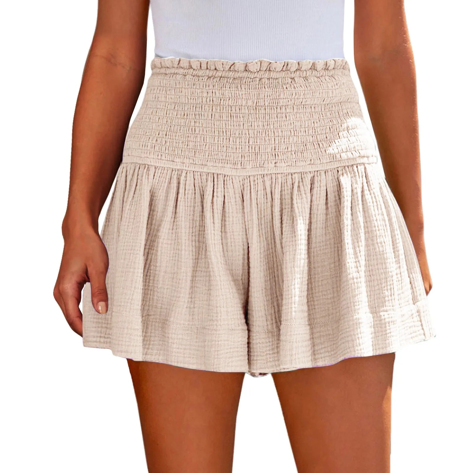 Ladies’ Large Sized High Waist Casual Soft Solid Color Breathable Fashion Wide Leg Shorts Summer Elastic Waist Pleated Trousers Trousers Mesh Breathable
