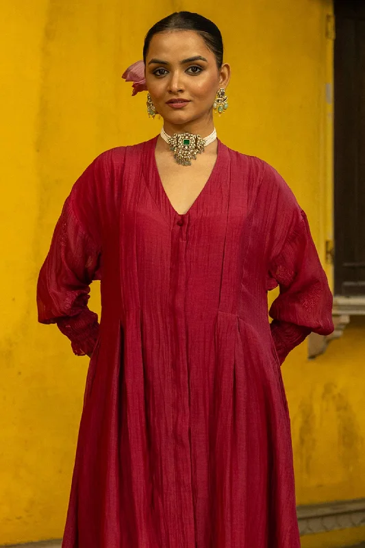 Long Front Open Kurta Dress with Matching Scalloped Pants & Embroidered Sleeves Trousers Corduroy Warm