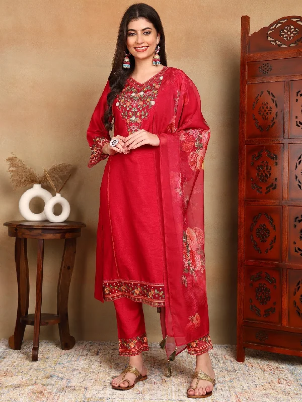 Women Rani Pink Silk Blend Solid Embroidered Straight Kurta Trouser With Dupatta Trousers Designer Luxury