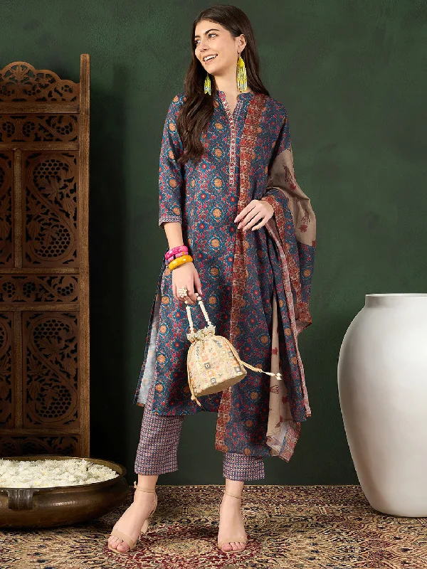 Women Blue Poly Rayon Floral Printed Straight Kurta Trouser With Dupatta Trousers Travel Practical Women Blue Poly Rayon Floral Printed Straight Kurta Trouser With Dupatta Trousers Travel Practical